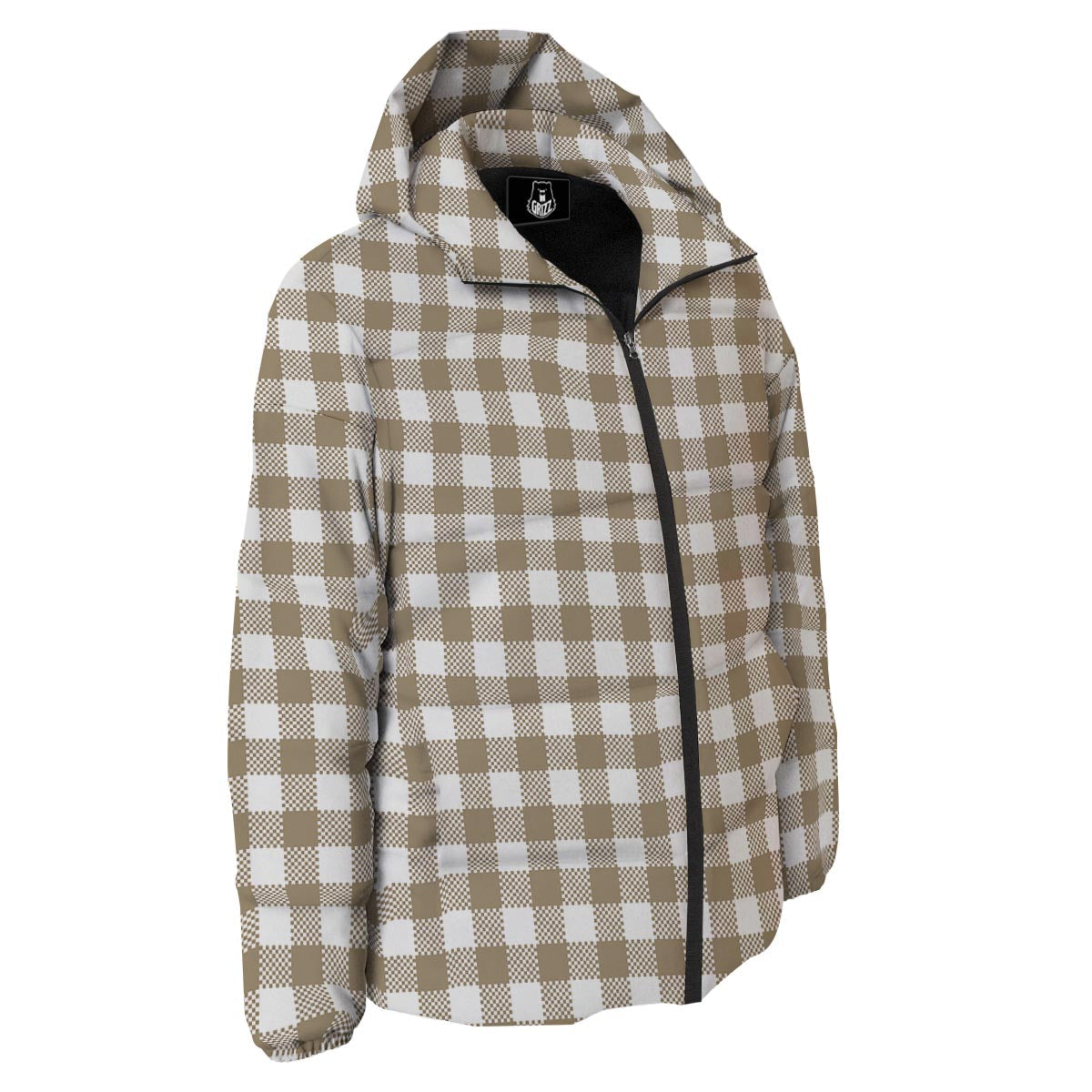 Gingham White And Tan Print Pattern Down Jacket-grizzshop