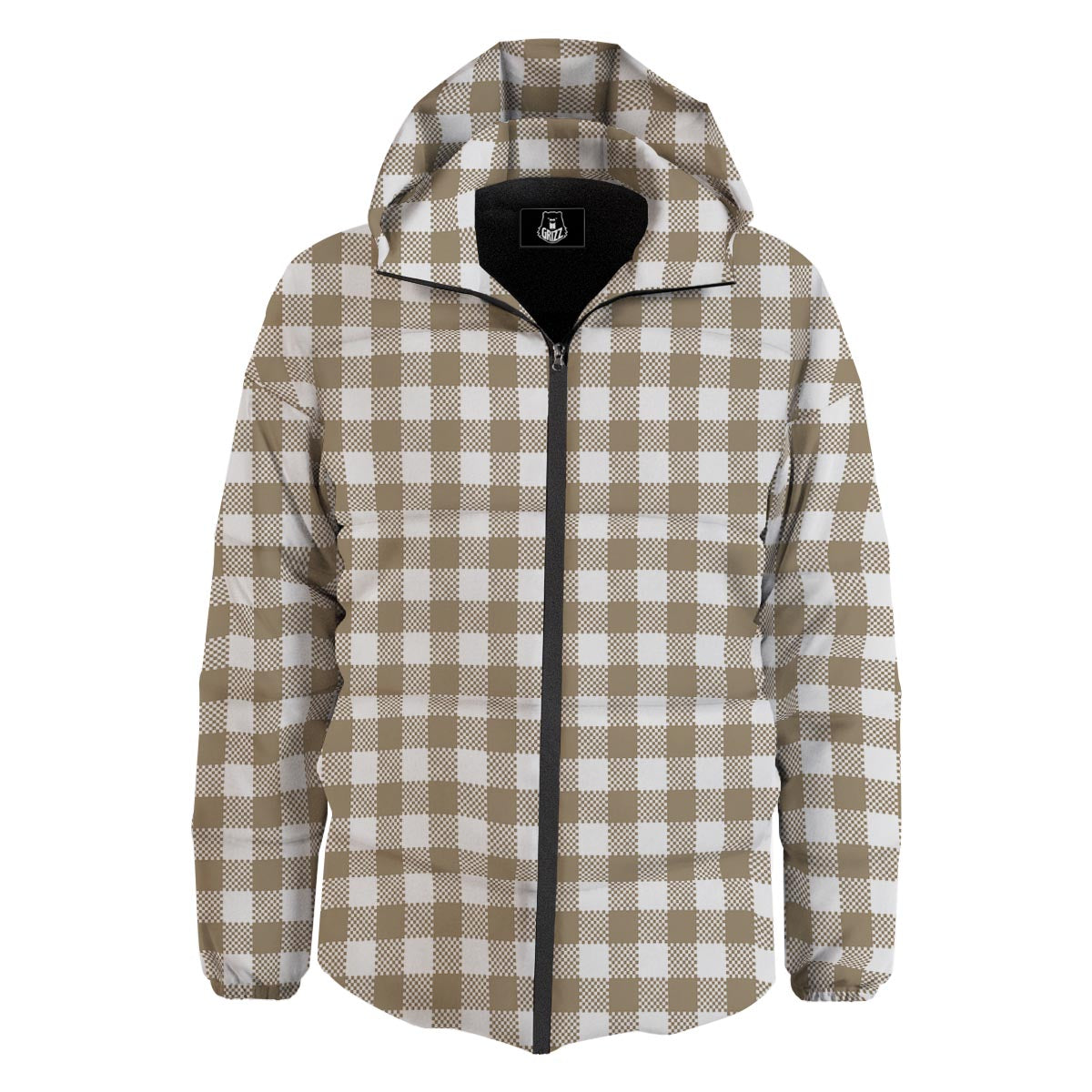 Gingham White And Tan Print Pattern Down Jacket-grizzshop