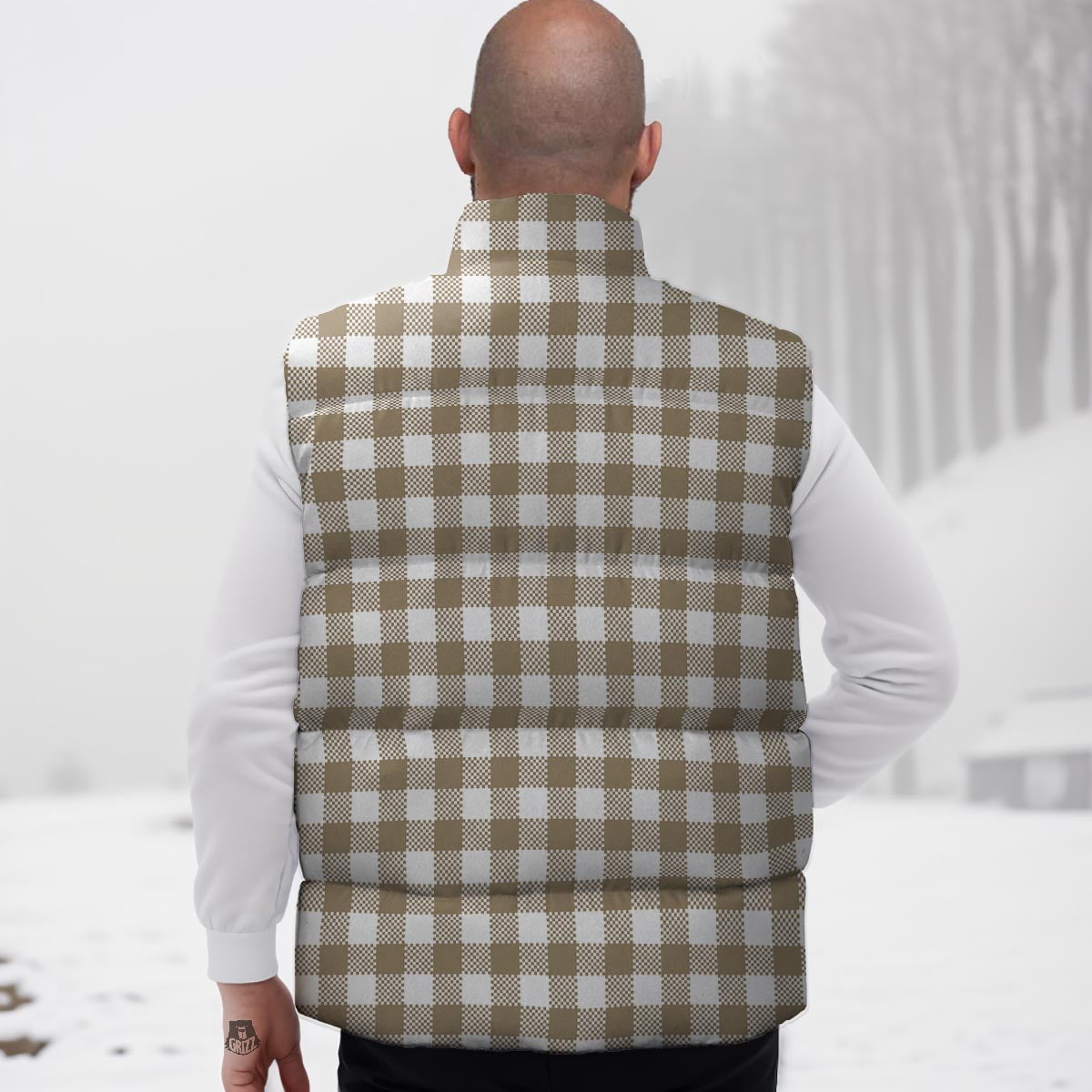 Gingham White And Tan Print Pattern Down Vest-grizzshop