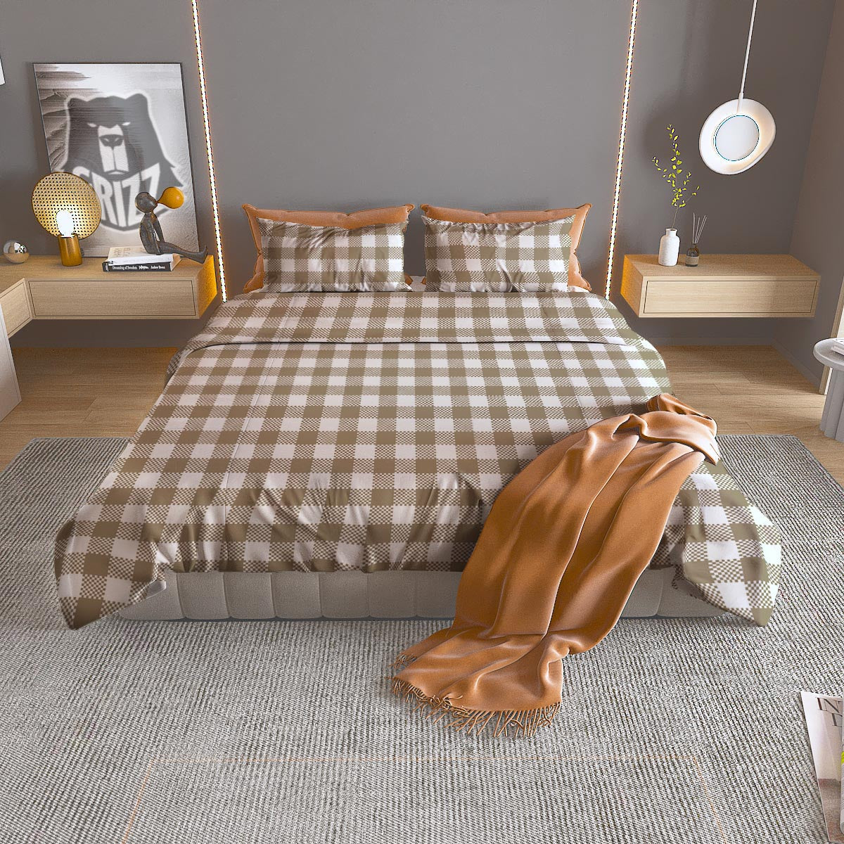 Gingham White And Tan Print Pattern Duvet Cover Bedding Set