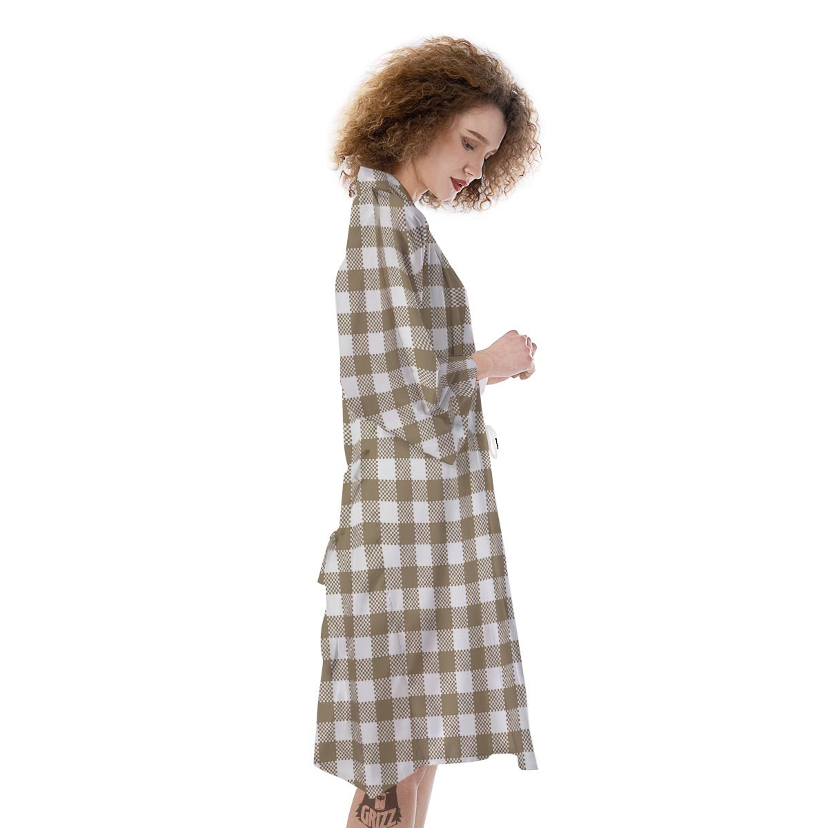 Gingham White And Tan Print Pattern Kimono-grizzshop