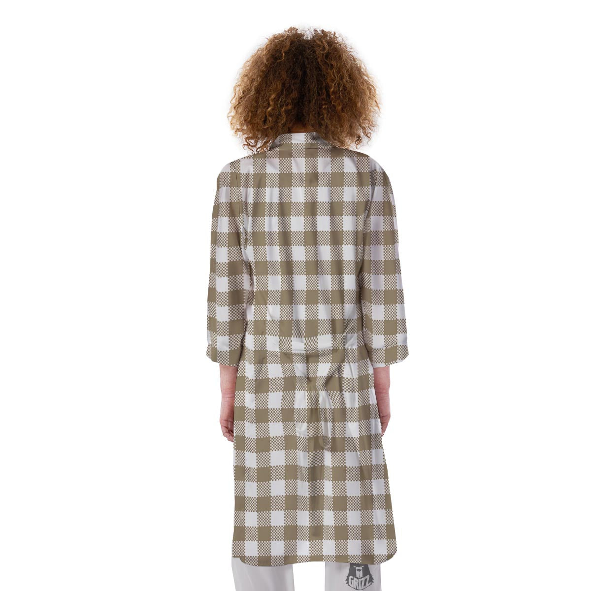 Gingham White And Tan Print Pattern Kimono-grizzshop