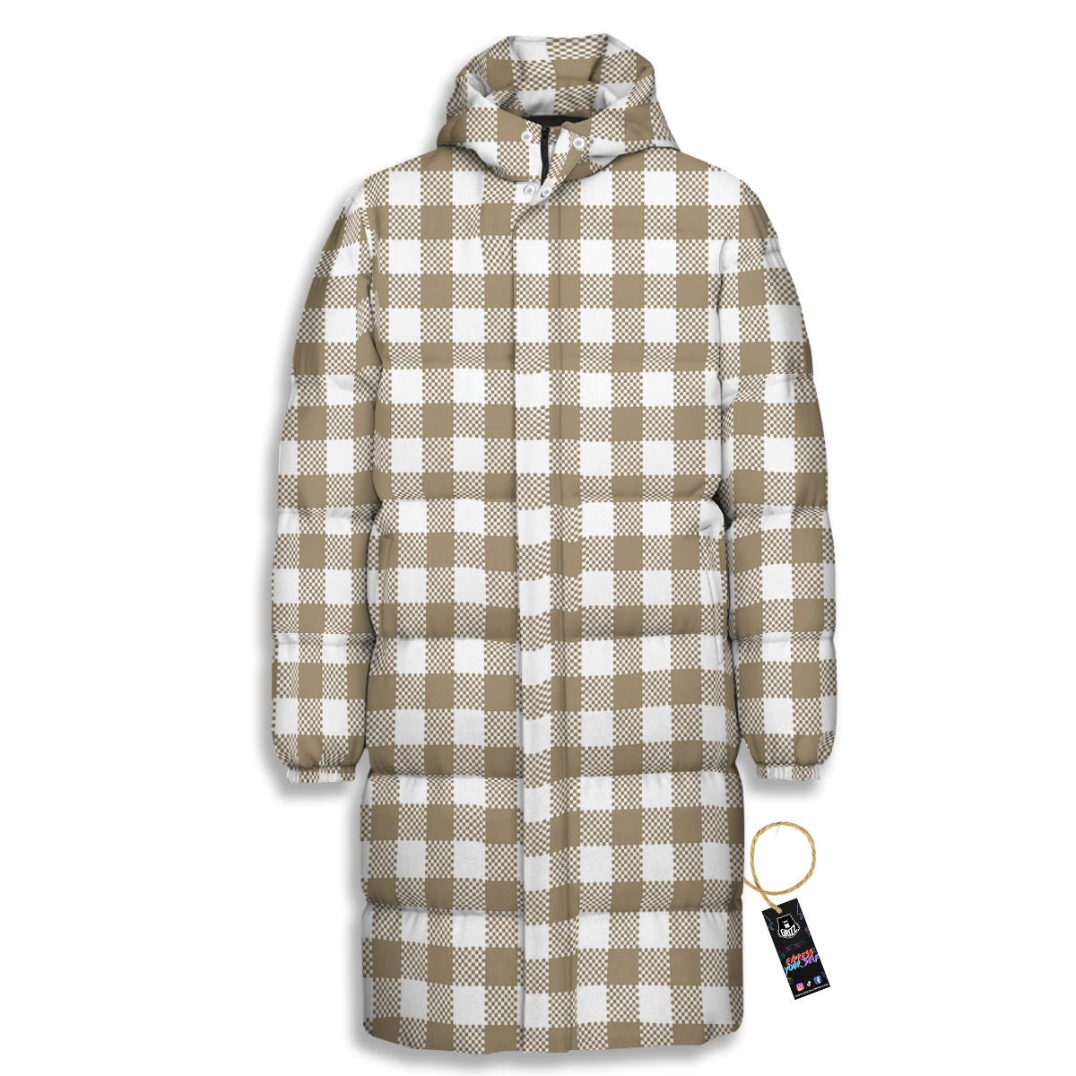 Gingham White And Tan Print Pattern Long Down Jacket-grizzshop