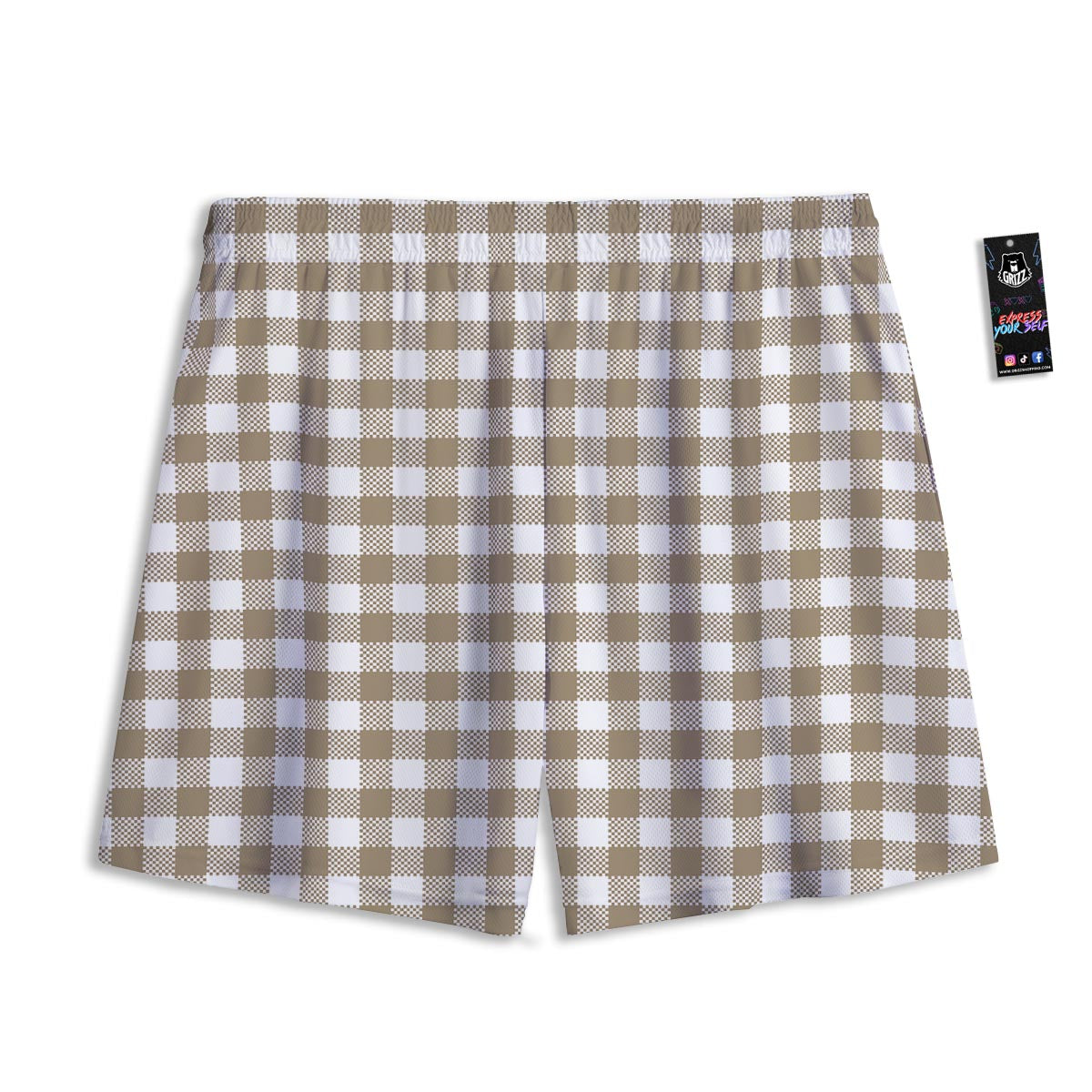 Gingham White And Tan Print Pattern Mesh Shorts