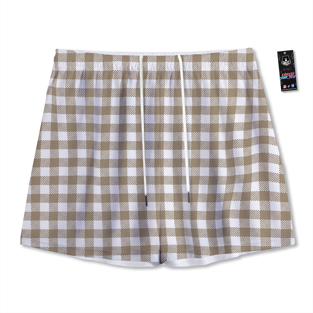 Gingham White And Tan Print Pattern Mesh Shorts