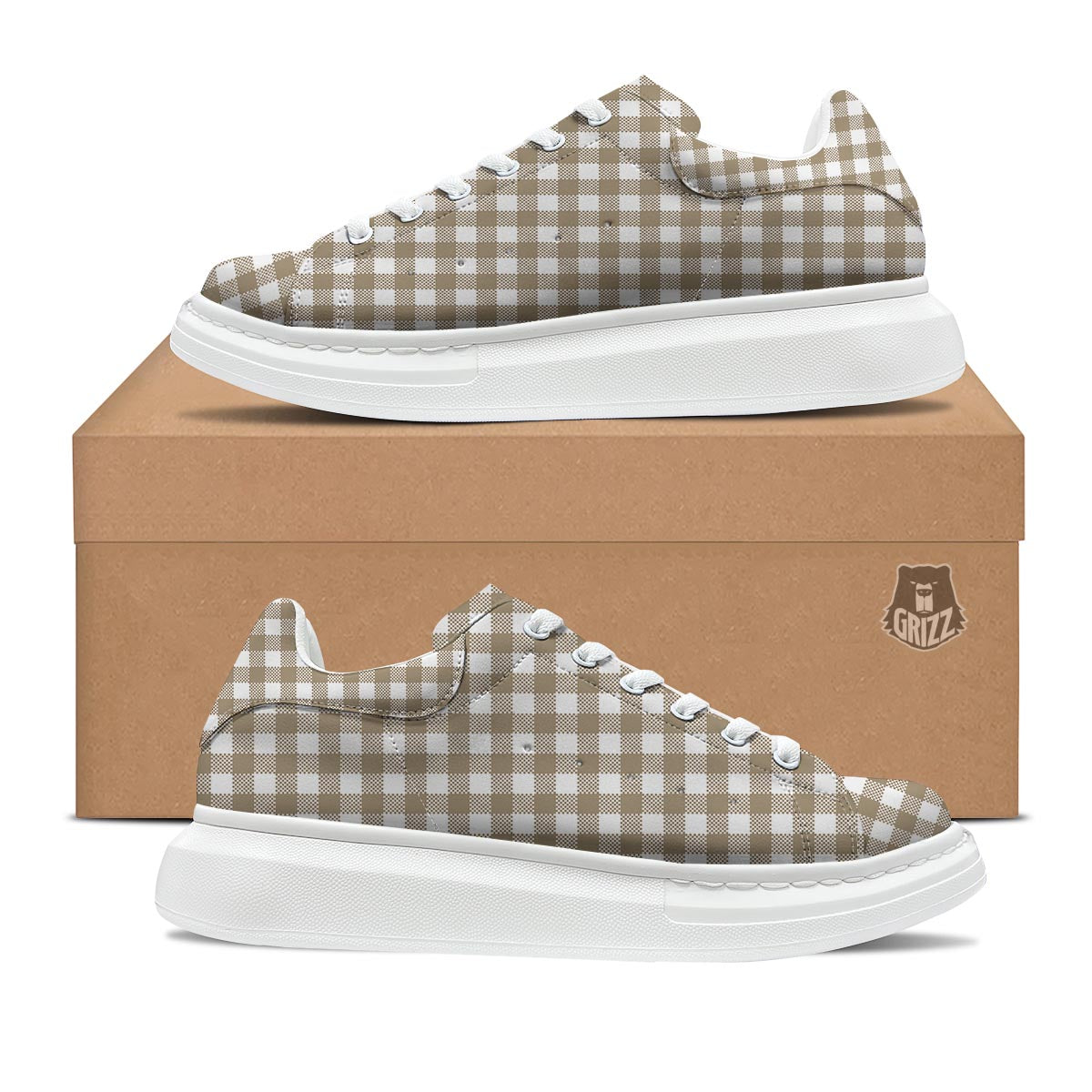 Gingham White And Tan Print Pattern Platform Shoes-grizzshop