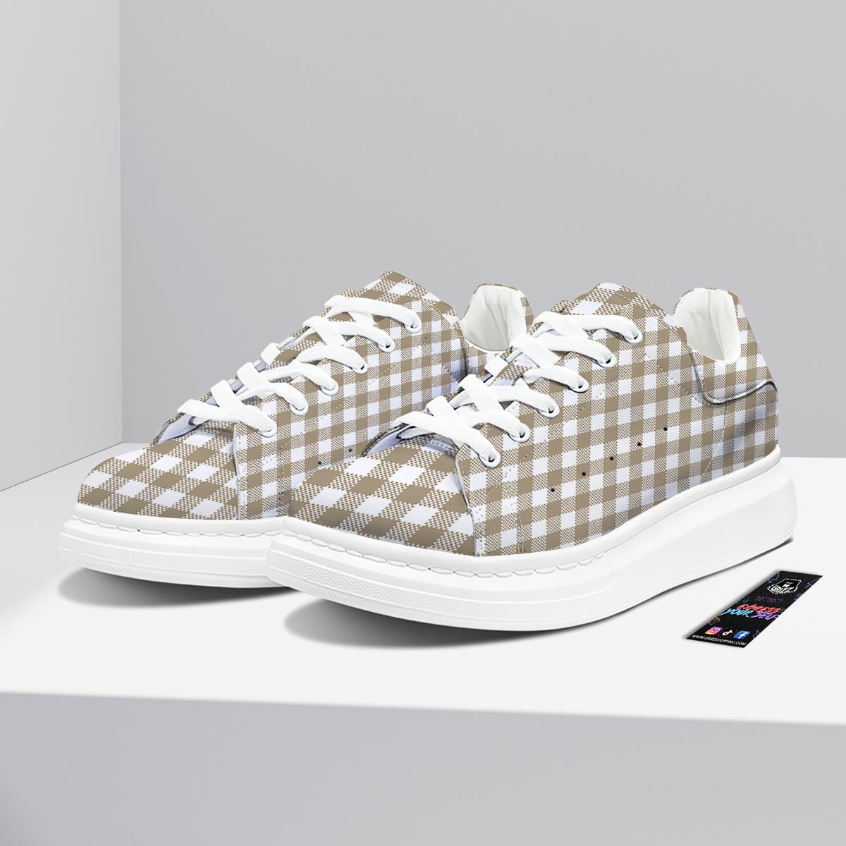 Gingham White And Tan Print Pattern Platform Shoes-grizzshop