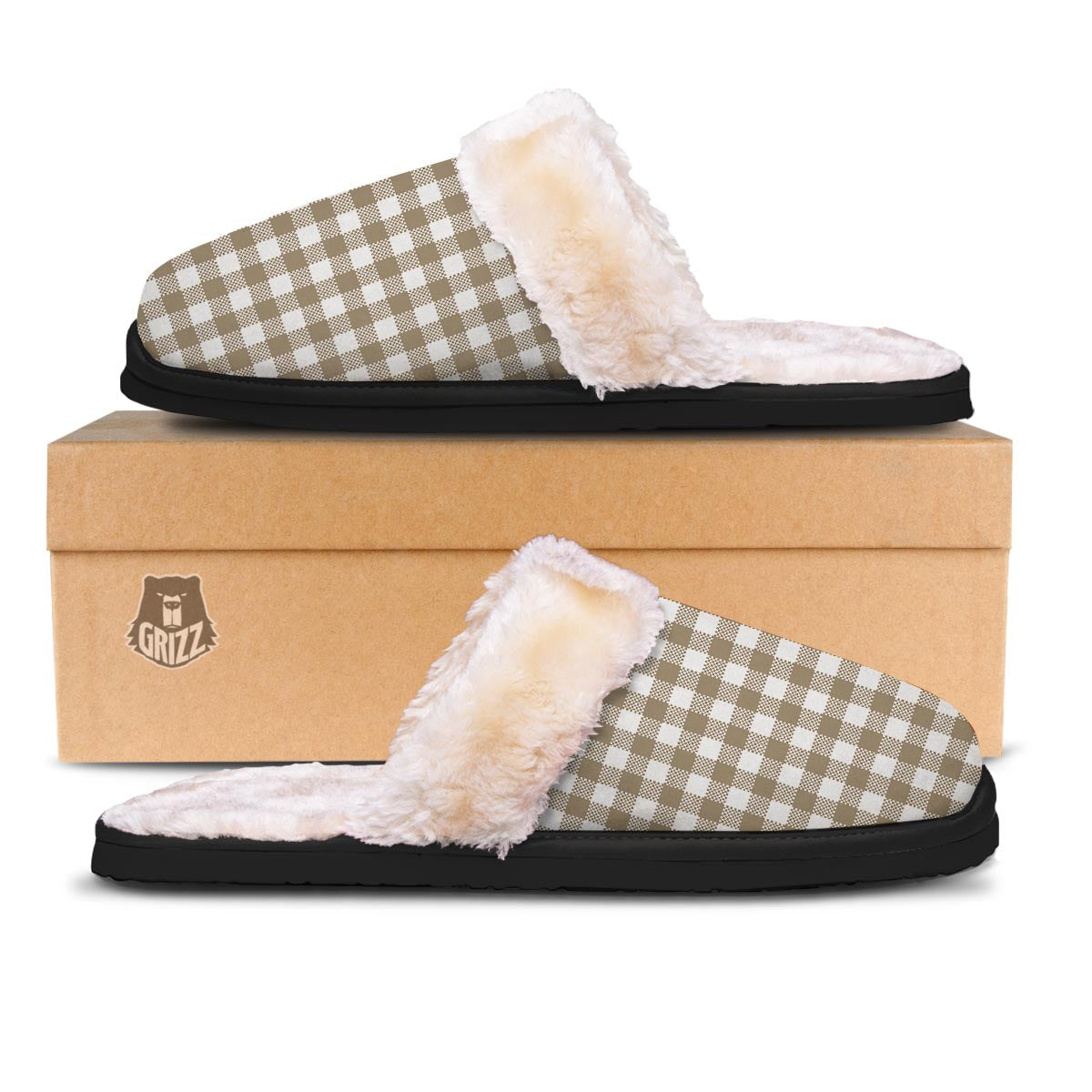 Gingham White And Tan Print Pattern Slippers-grizzshop