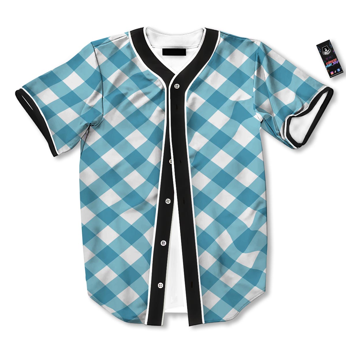 Gingham White And Teal Print Pattern Baseball Jersey-grizzshop
