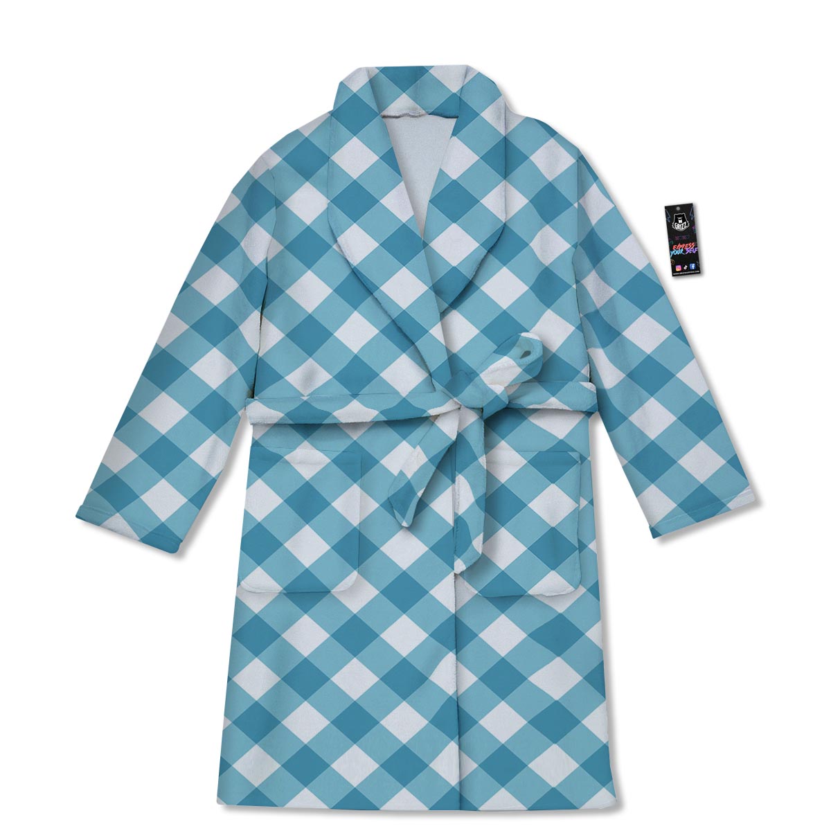 Gingham White And Teal Print Pattern Bathrobe-grizzshop
