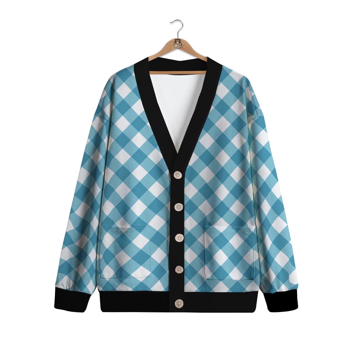 Gingham White And Teal Print Pattern Cardigan-grizzshop