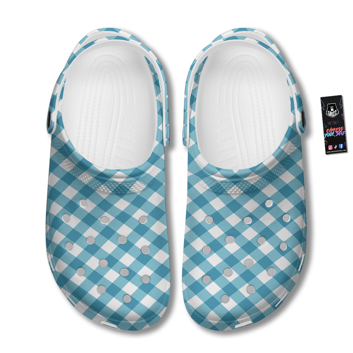 Gingham White And Teal Print Pattern Clog-grizzshop