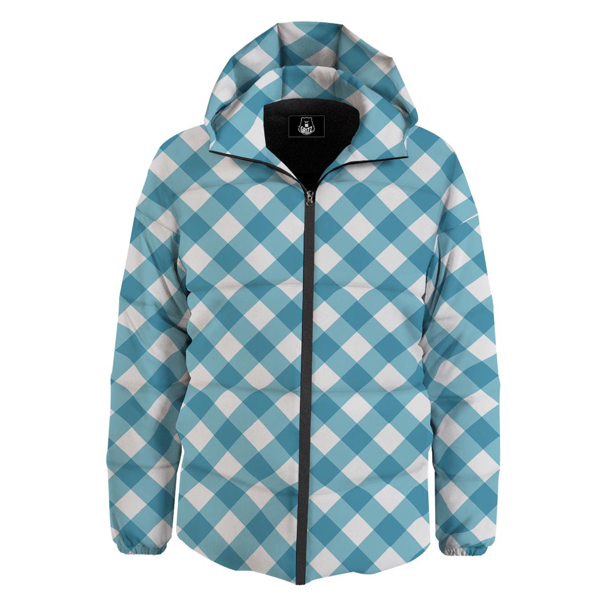 Gingham White And Teal Print Pattern Down Jacket-grizzshop