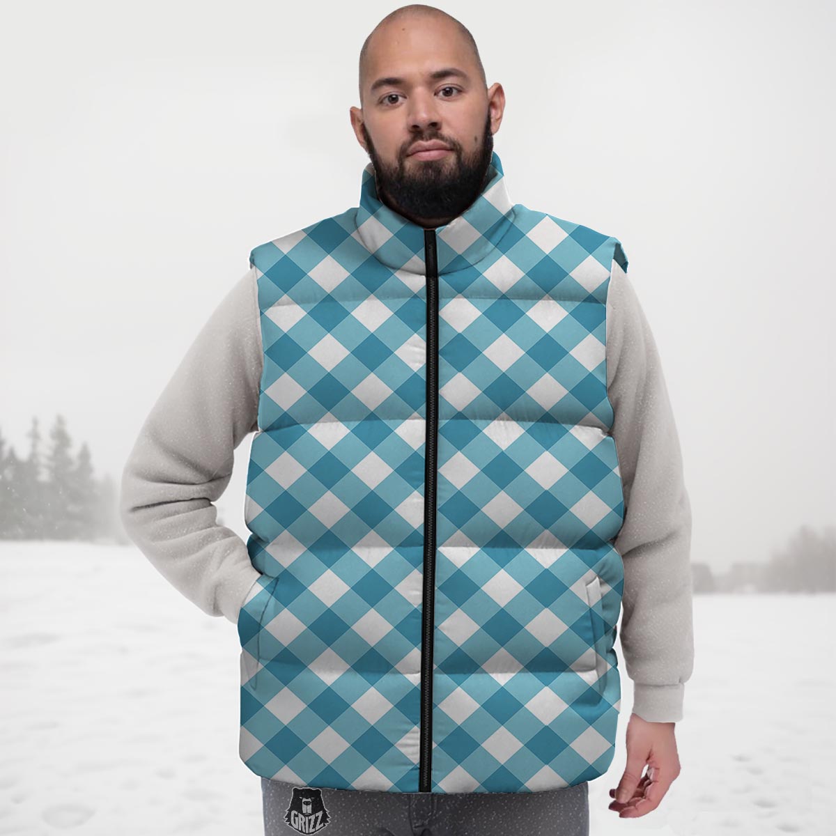 Gingham White And Teal Print Pattern Down Vest-grizzshop