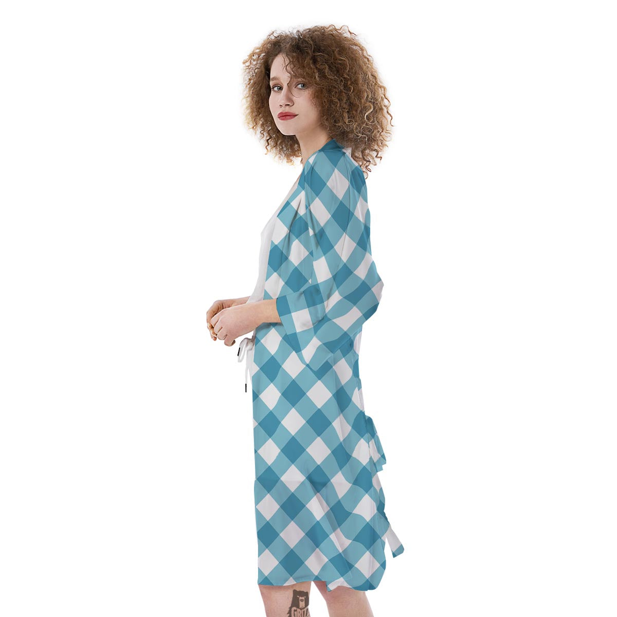 Gingham White And Teal Print Pattern Kimono-grizzshop