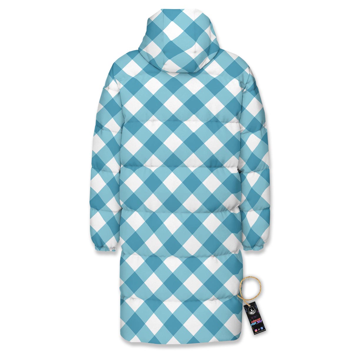 Gingham White And Teal Print Pattern Long Down Jacket-grizzshop