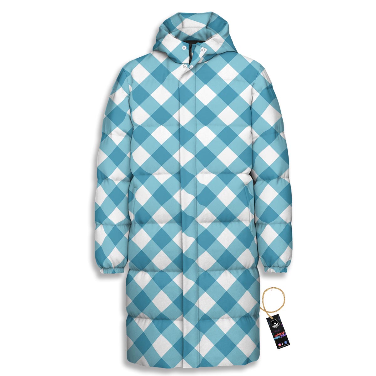 Gingham White And Teal Print Pattern Long Down Jacket-grizzshop