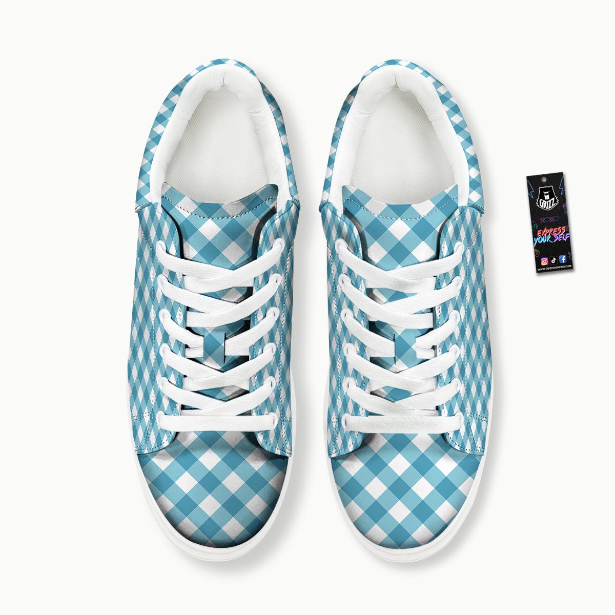 Gingham White And Teal Print Pattern Platform Shoes-grizzshop
