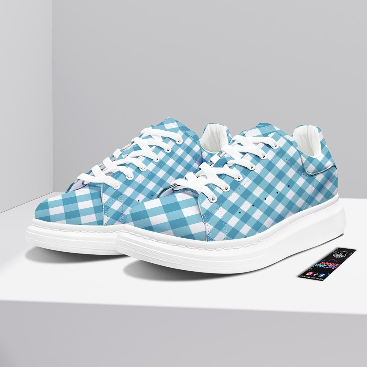 Gingham White And Teal Print Pattern Platform Shoes-grizzshop