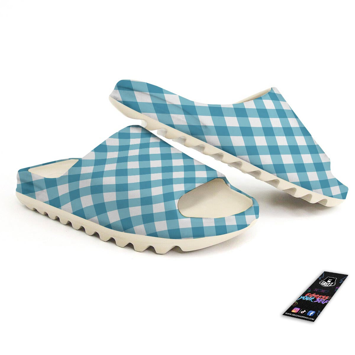 Gingham White And Teal Print Pattern Sandals-grizzshop