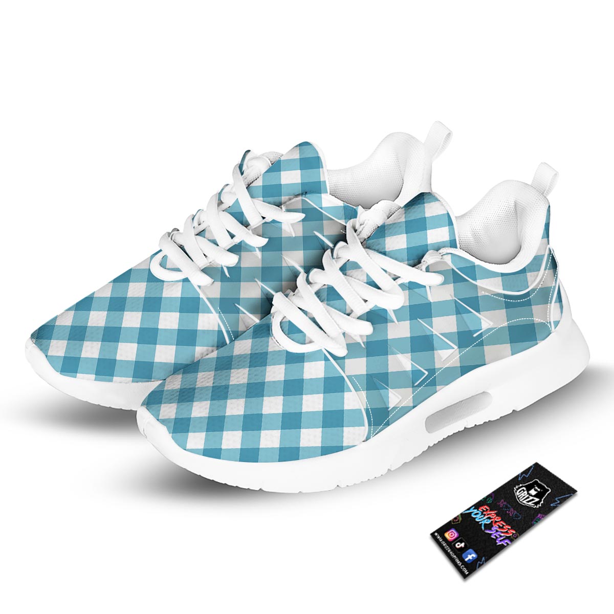 Gingham White And Teal Print Pattern Tennis Shoes-grizzshop