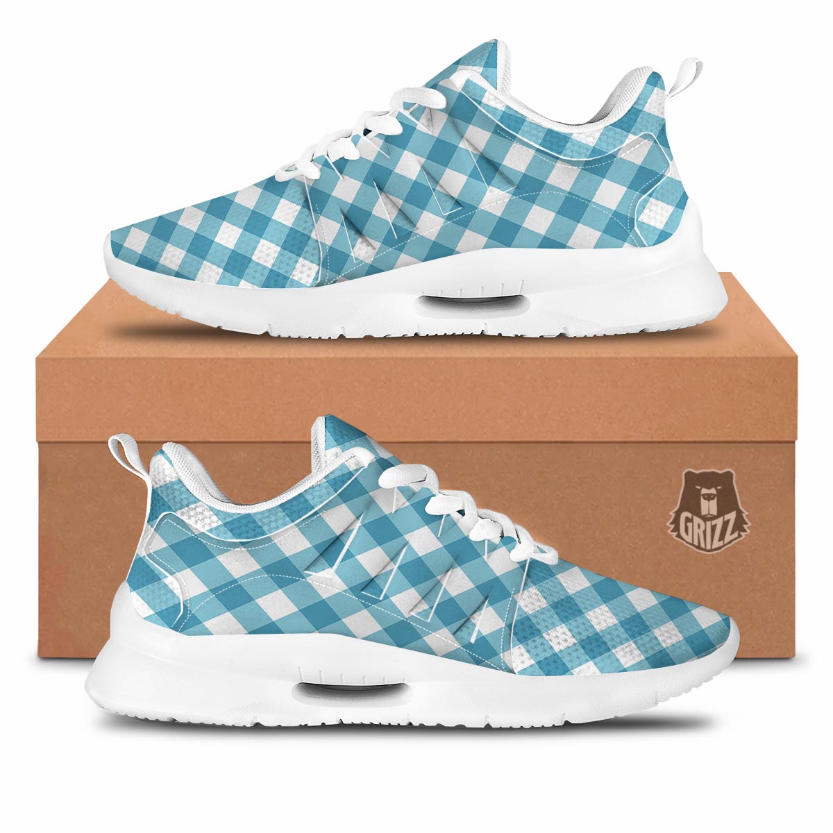 Gingham White And Teal Print Pattern Tennis Shoes-grizzshop