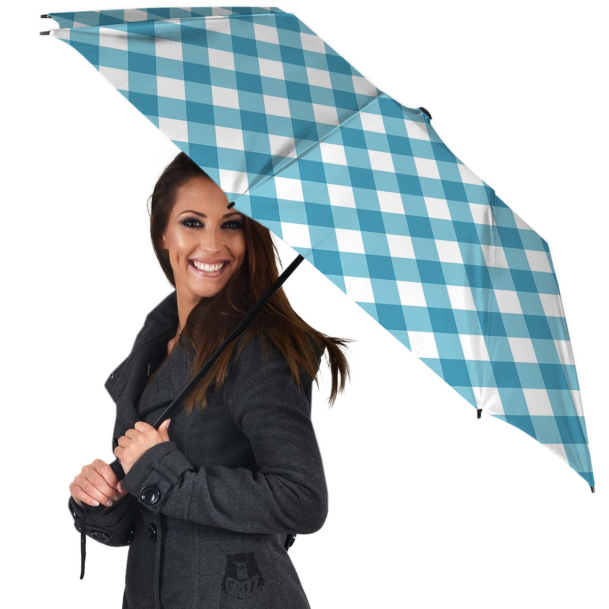 Gingham White And Teal Print Pattern Umbrella-grizzshop