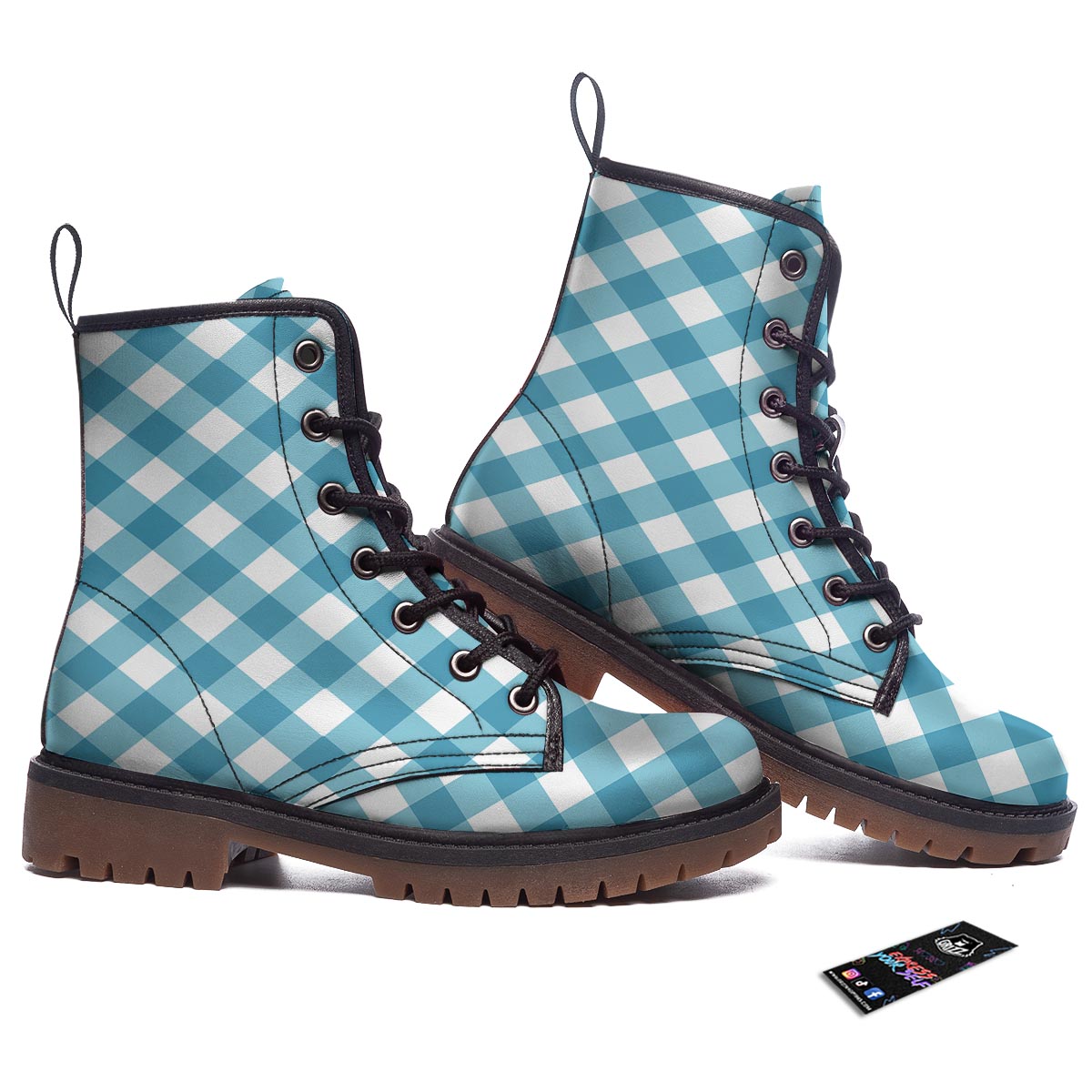 Gingham White And Teal Print Pattern Work Boots-grizzshop