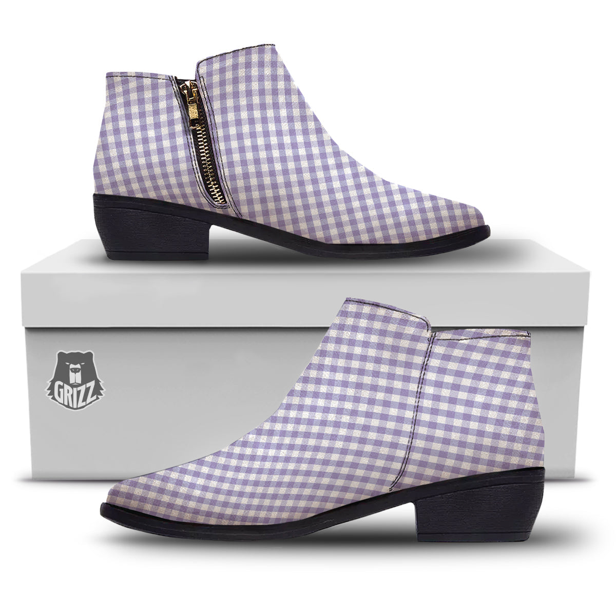 Gingham White And Violet Print Pattern Ankle Boots-grizzshop