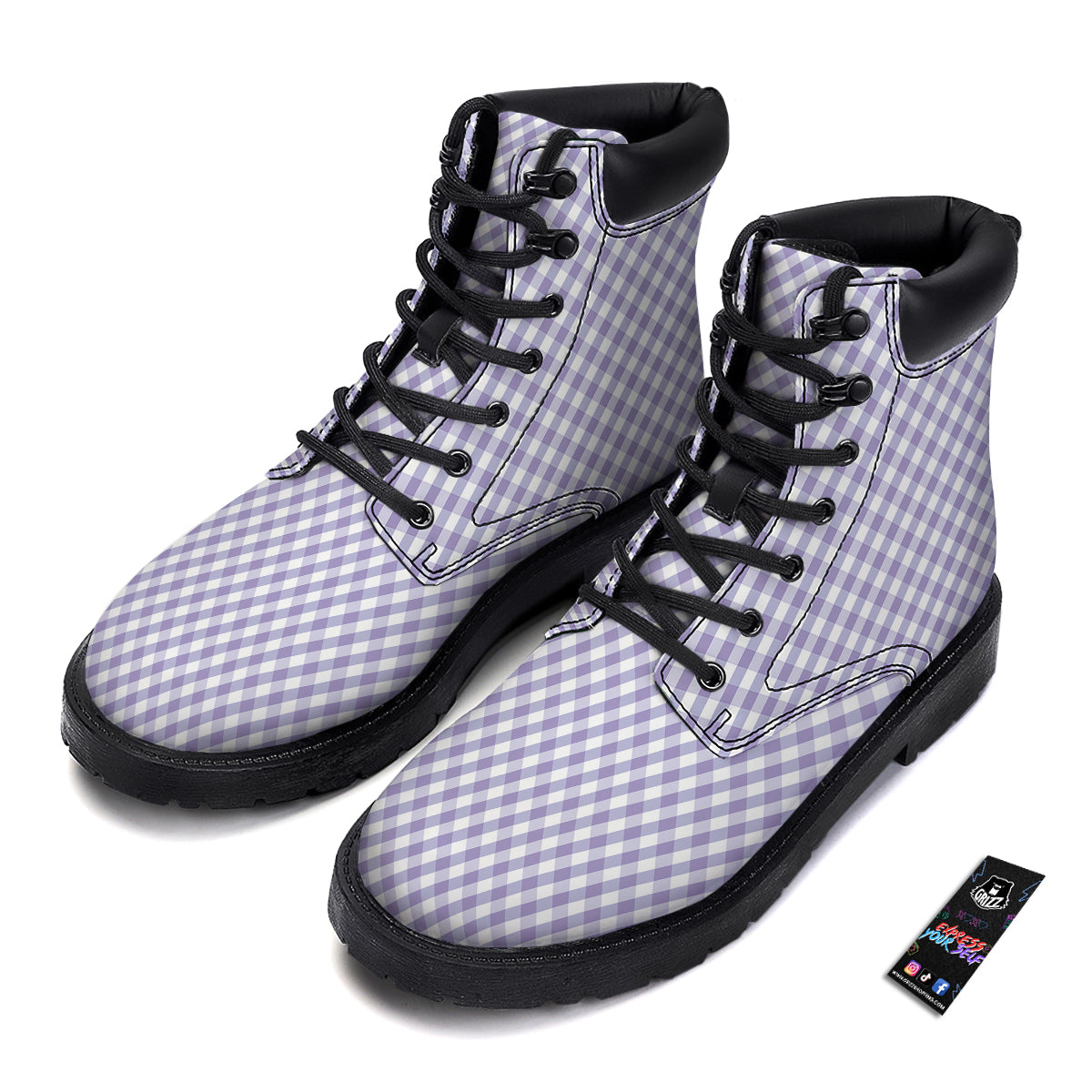 Gingham White And Violet Print Pattern Boots-grizzshop
