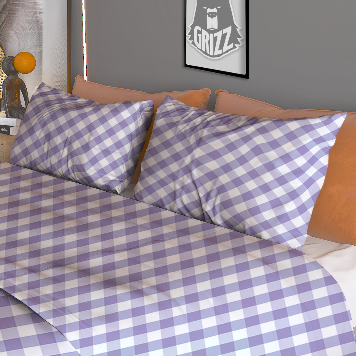 Gingham White And Violet Print Pattern Duvet Cover Bedding Set