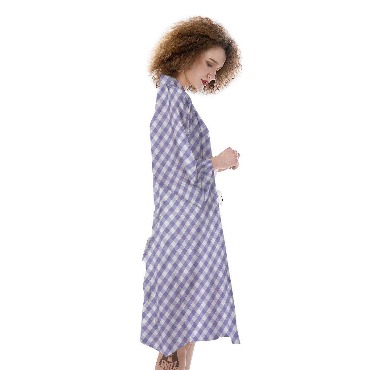 Gingham White And Violet Print Pattern Kimono-grizzshop