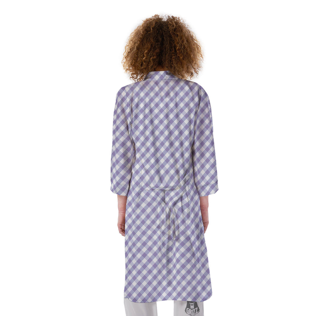 Gingham White And Violet Print Pattern Kimono-grizzshop