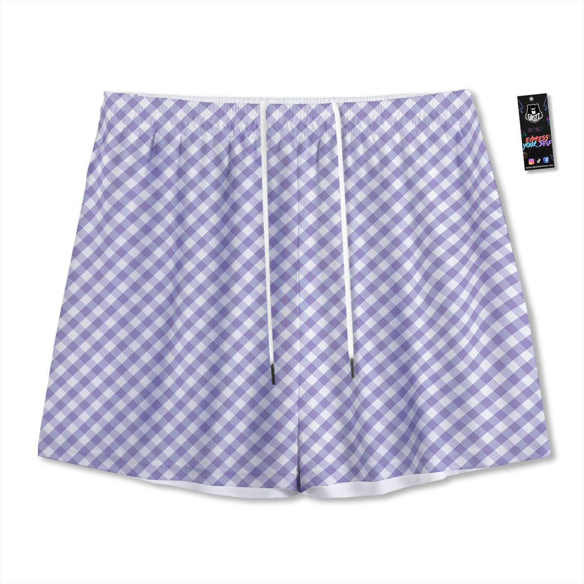 Gingham White And Violet Print Pattern Mesh Shorts
