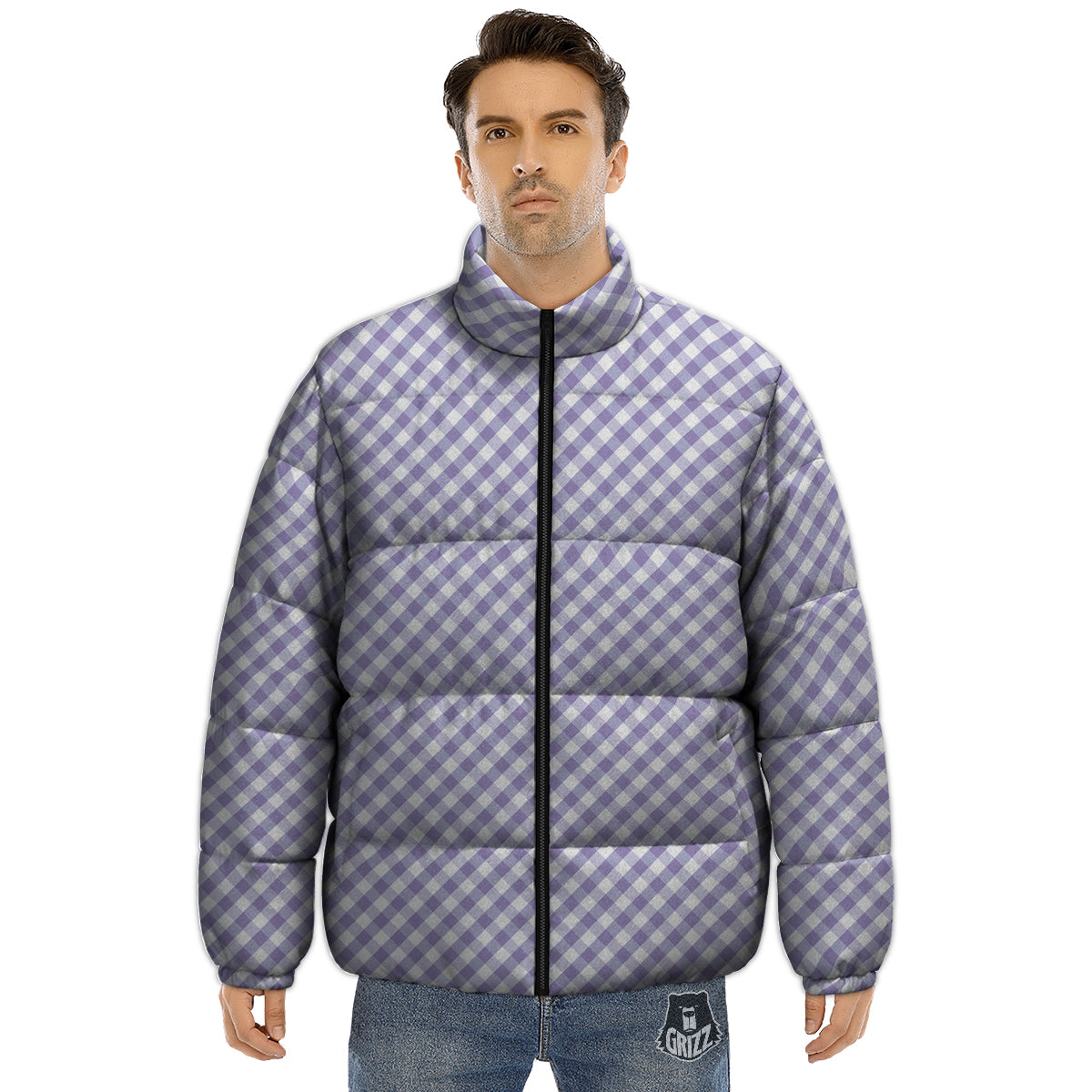 Gingham White And Violet Print Pattern Puffer Jacket-grizzshop