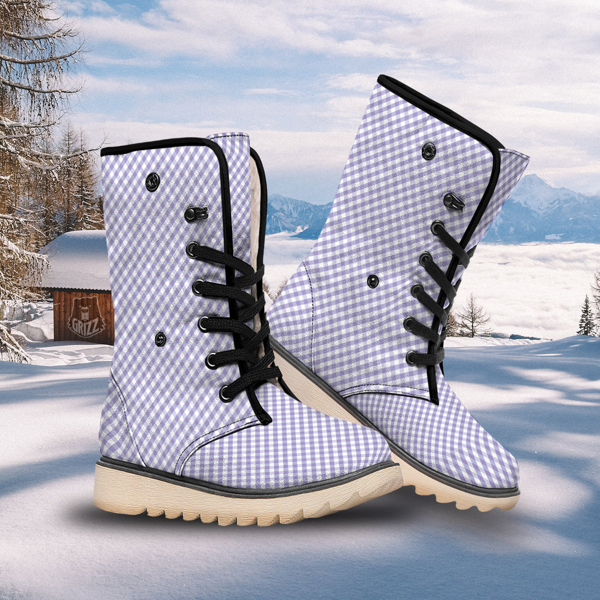 Gingham White And Violet Print Pattern Snow Boots-grizzshop
