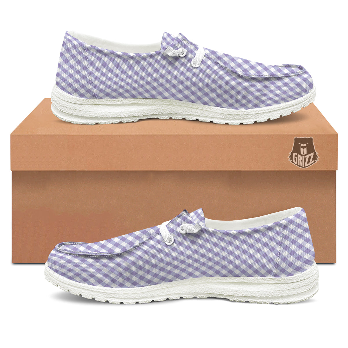 Gingham White And Violet Print Pattern White Loafers-grizzshop