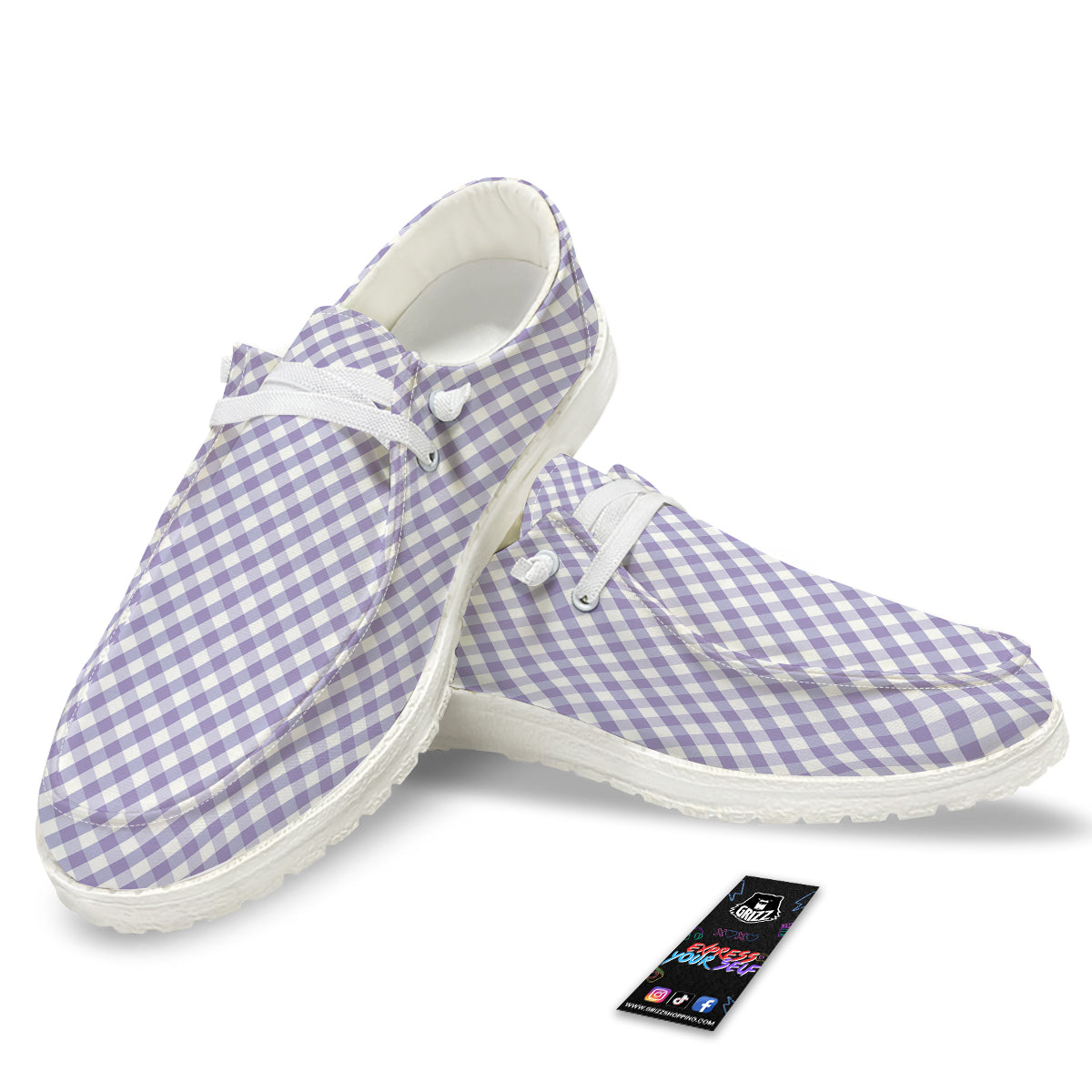 Gingham White And Violet Print Pattern White Loafers-grizzshop