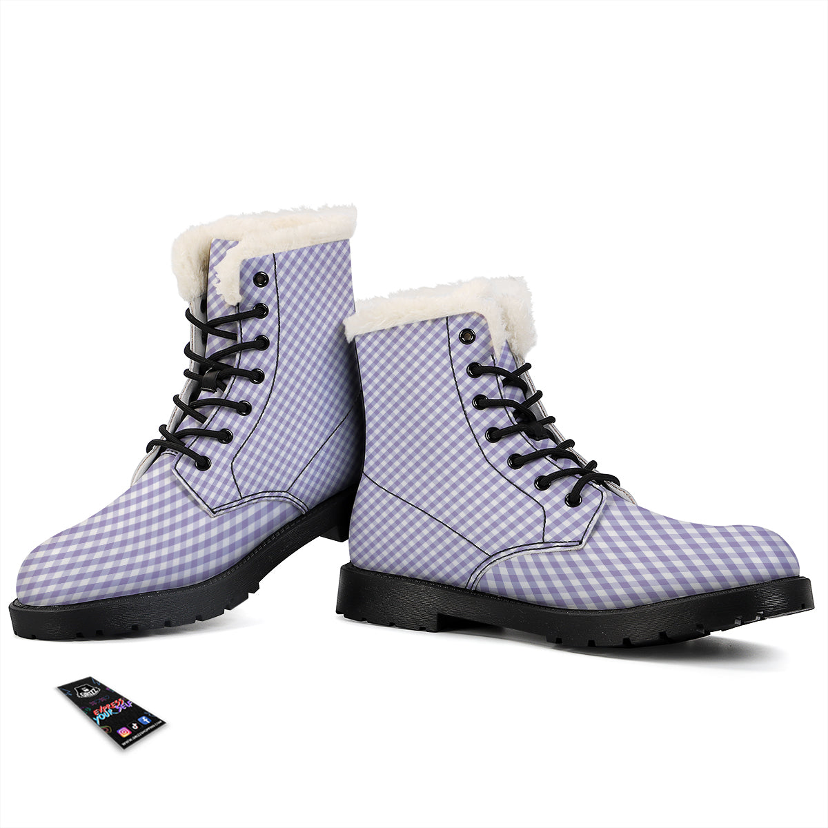 Gingham White And Violet Print Pattern Winter Boots-grizzshop