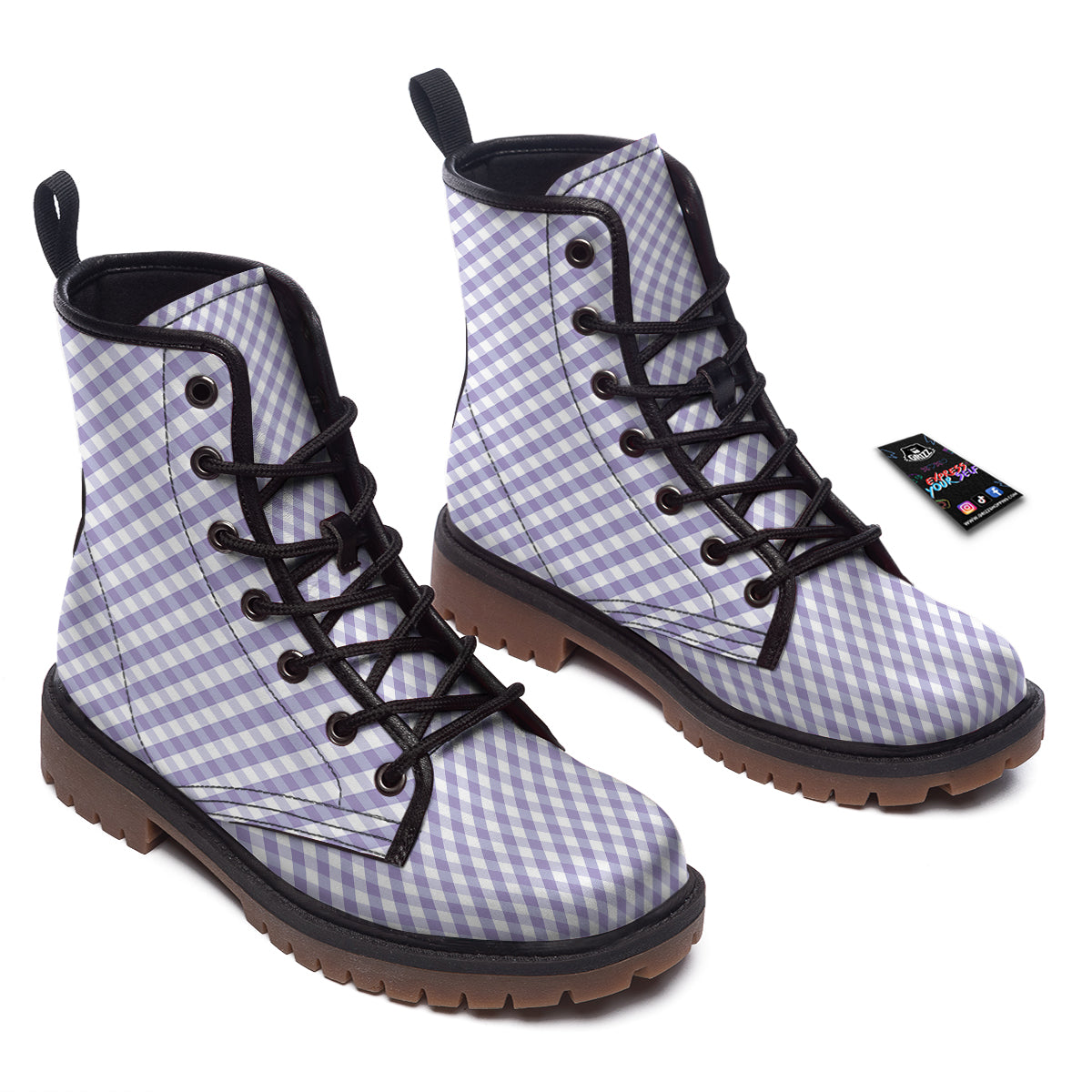 Gingham White And Violet Print Pattern Work Boots-grizzshop