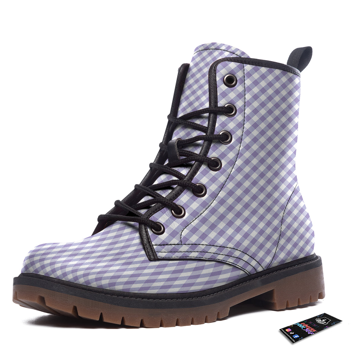 Gingham White And Violet Print Pattern Work Boots-grizzshop