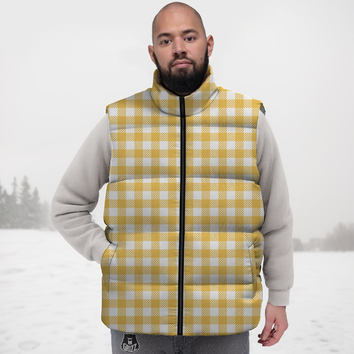 Gingham Yellow And White Print Pattern Down Vest-grizzshop