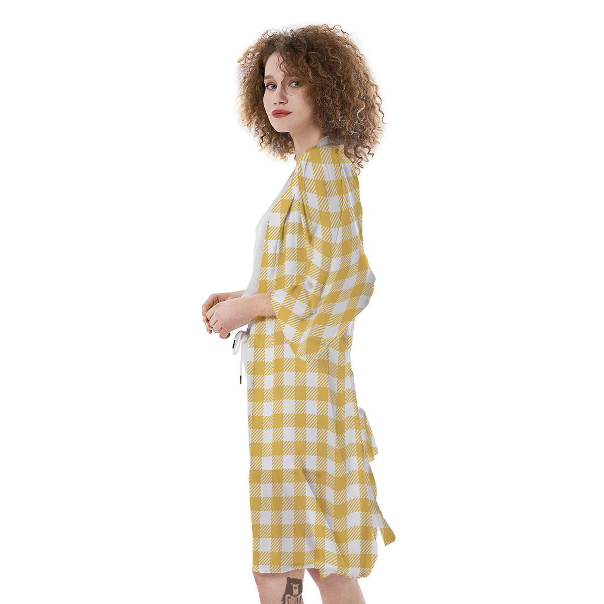 Gingham Yellow And White Print Pattern Kimono-grizzshop
