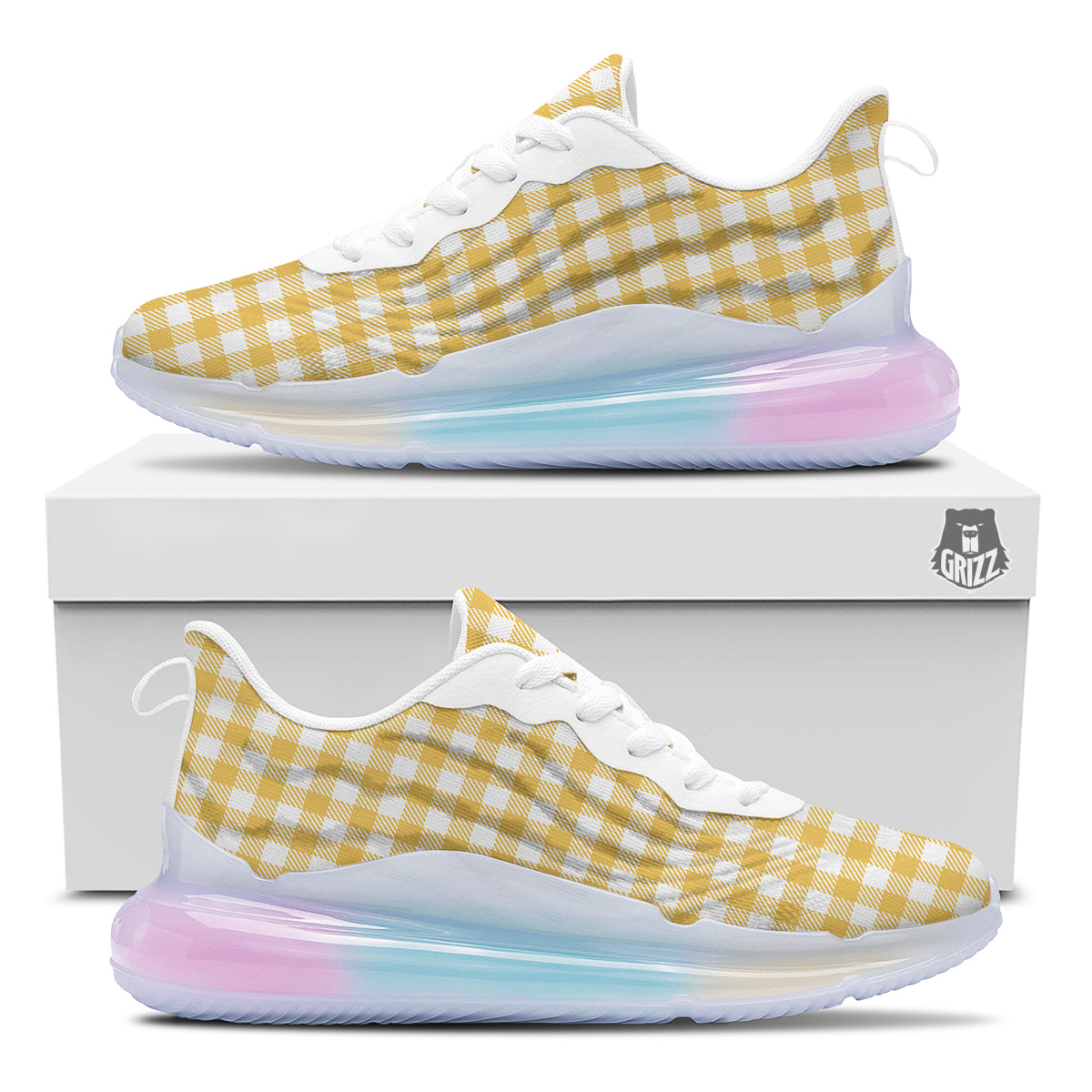 Gingham Yellow And White Print Pattern Running Sneakers-grizzshop