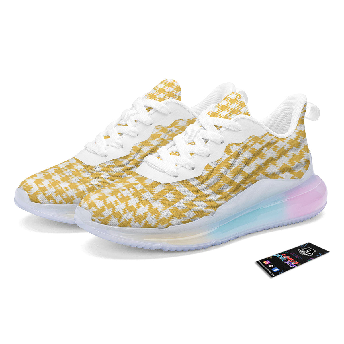 Gingham Yellow And White Print Pattern Running Sneakers-grizzshop