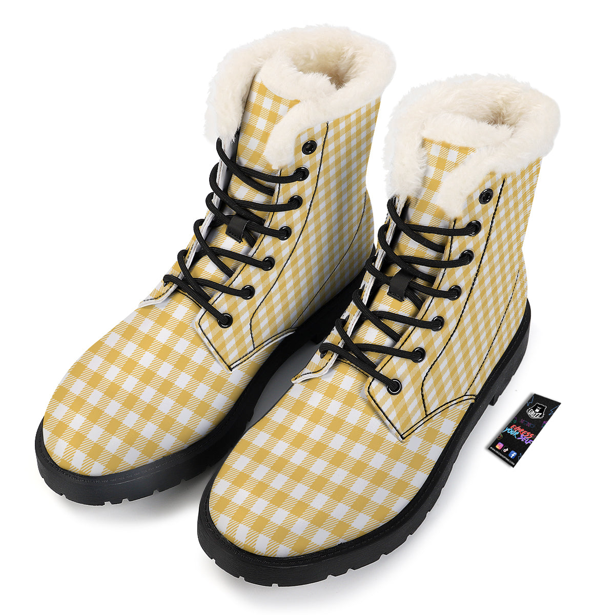 Gingham Yellow And White Print Pattern Winter Boots-grizzshop