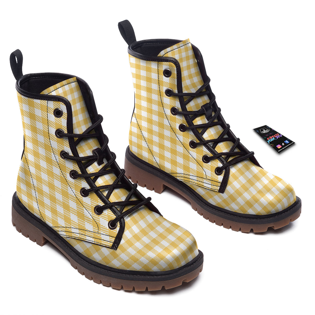 Gingham Yellow And White Print Pattern Work Boots-grizzshop