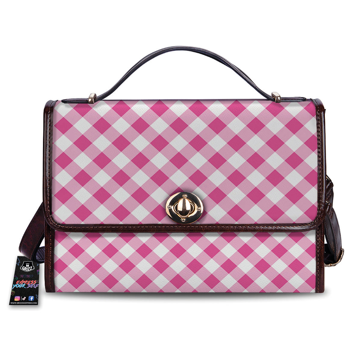 Gingham Black And Pink Magenta Print Women's Satchel Bag