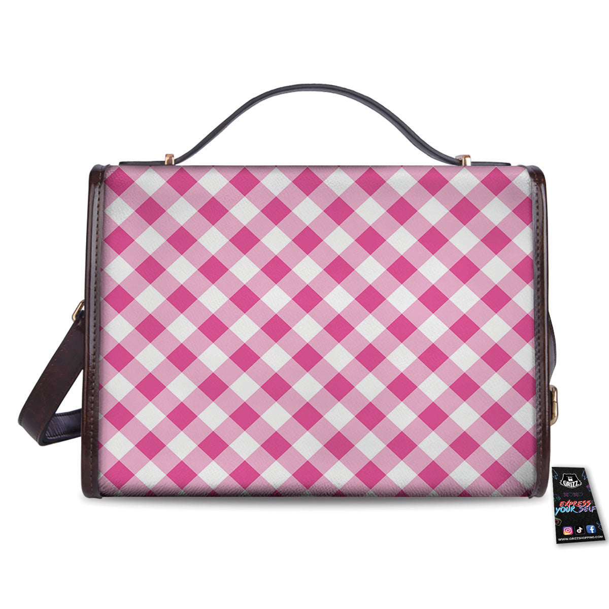 Gingham Black And Pink Magenta Print Women's Satchel Bag