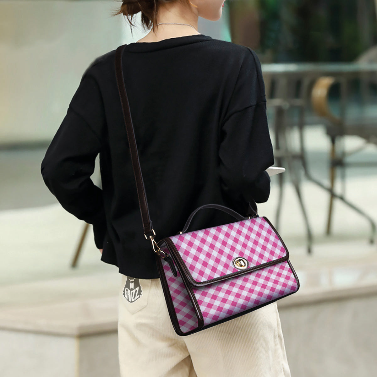 Gingham Black And Pink Magenta Print Women's Satchel Bag